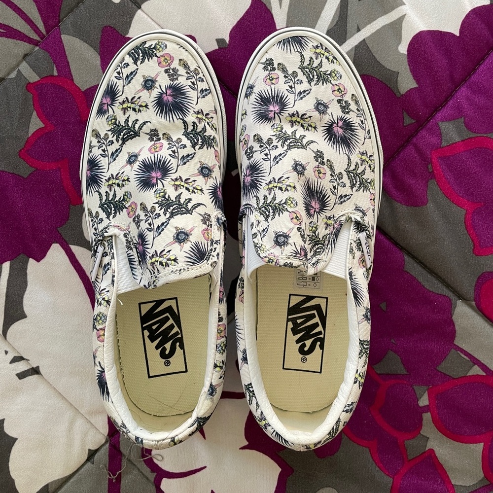 vans slip ons, white/ multi color